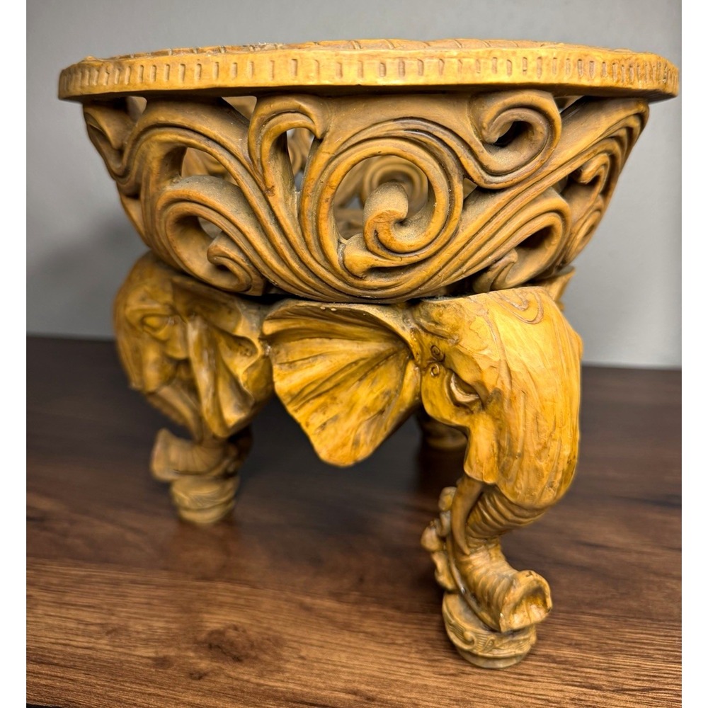 Carved Resin Elephant Pedestal Bowl, Brown Round 8 in Diameter x 7 in Tall